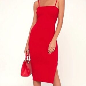 Lulu's Red Slim Slip Midi Dress with Thin Straps